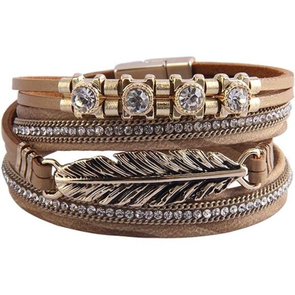 Leather Cuff Bracelet Feather Multi Strand Bracelet Wrap - Picture 1 of 6